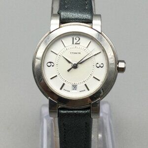 Coach Classic Watch Women 26mm Silver Tone Green Leather Band New Battery